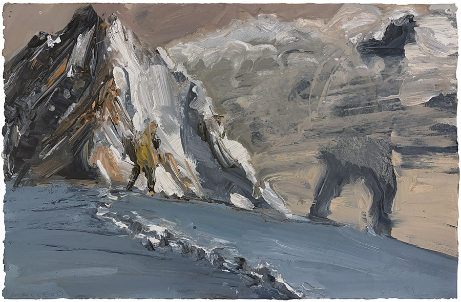 Footsteps in Snow & 2 Climbers, by Euan Macleod, 2021, acrylic on paper, 380 x 580mm, $4000