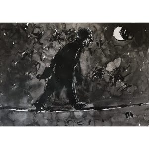 Untitled (Figure crossing wire, moon above)